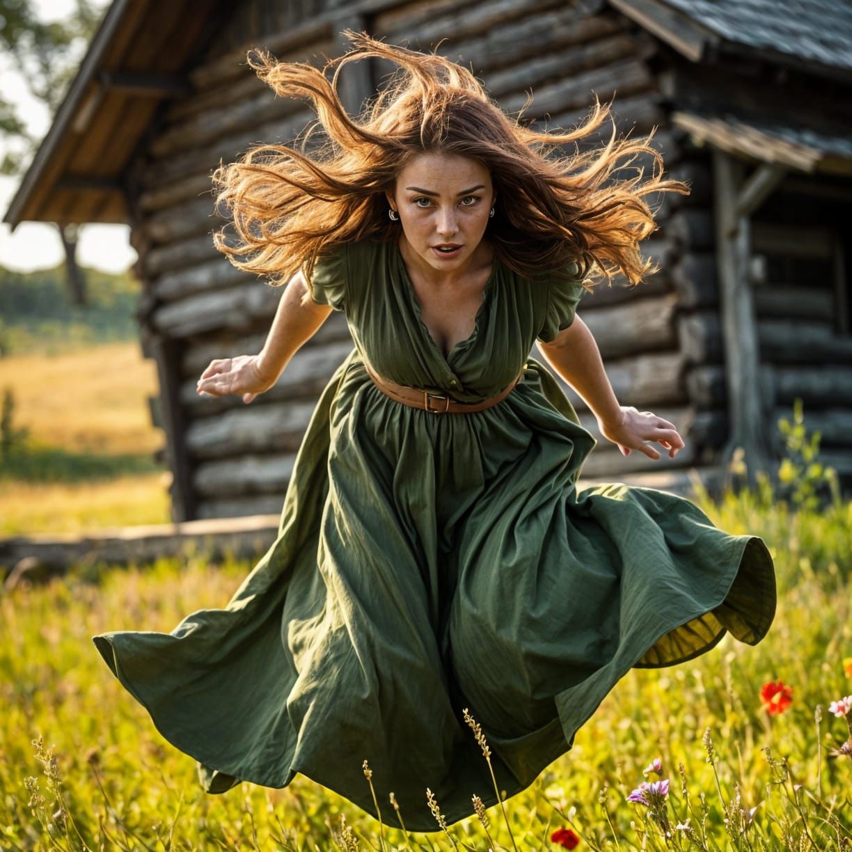 a woman  near an old wooden cabin.