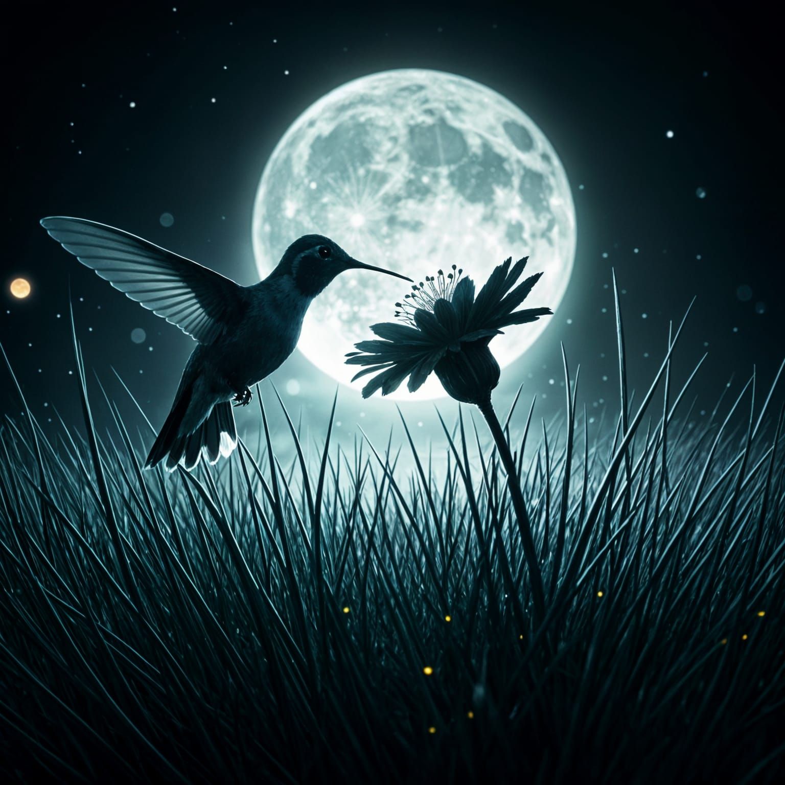 Hummingbird Silhouette in Moonlit Meadow