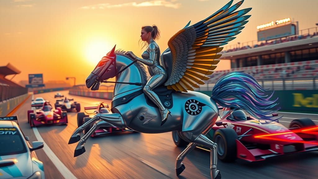 Cyborg Pegasus Rider on Formula One Track