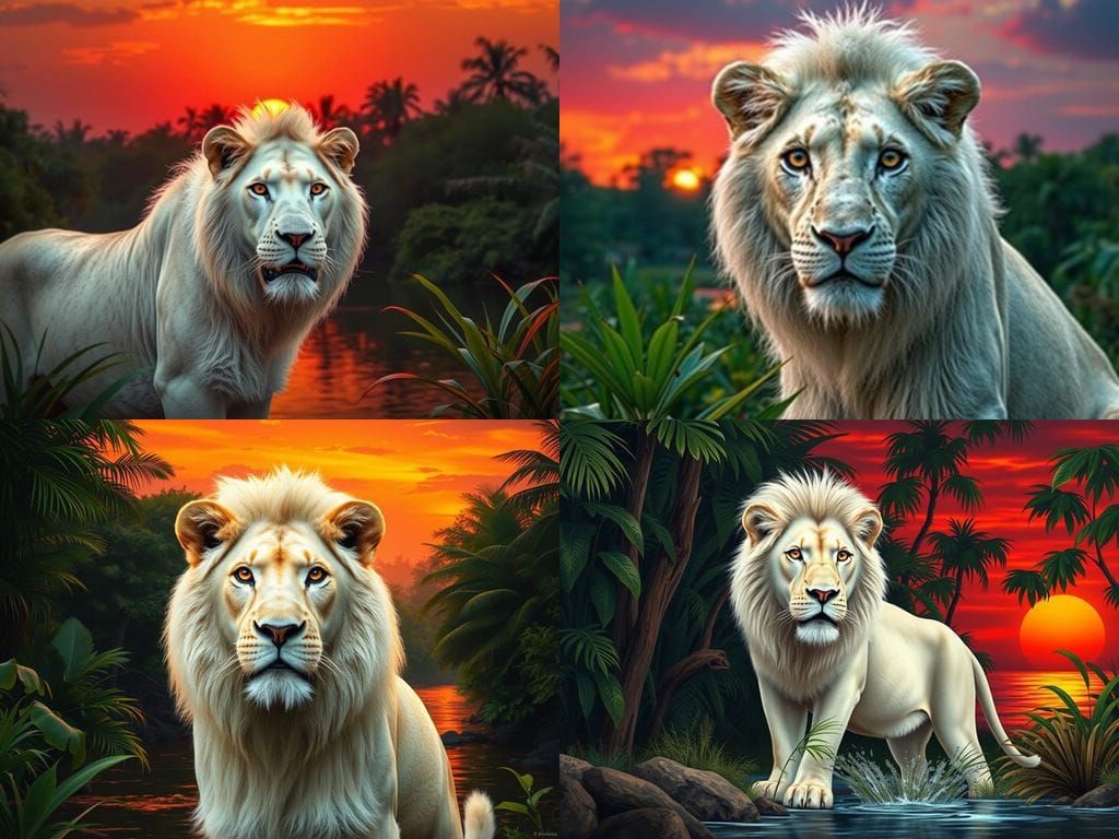 Regal White Lion in a Vibrant Amazon Jungle Sunset