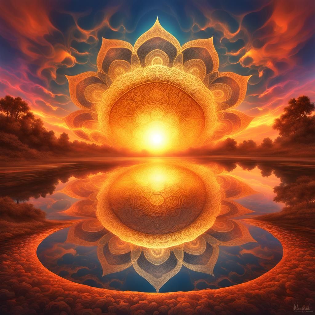 Sunset with Fractal Clouds and Mandala Sun