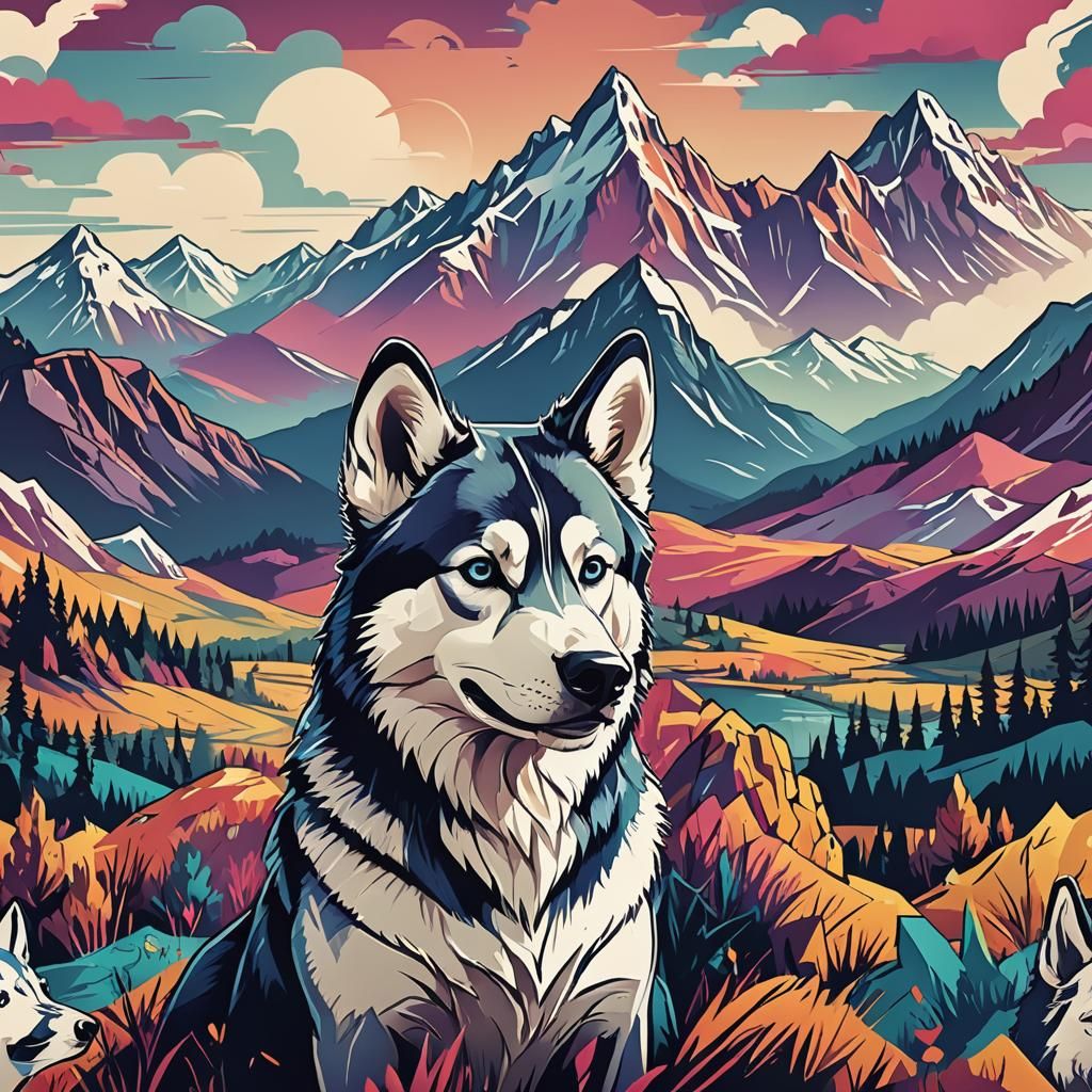 Pop Art Husky Logo with Mountains