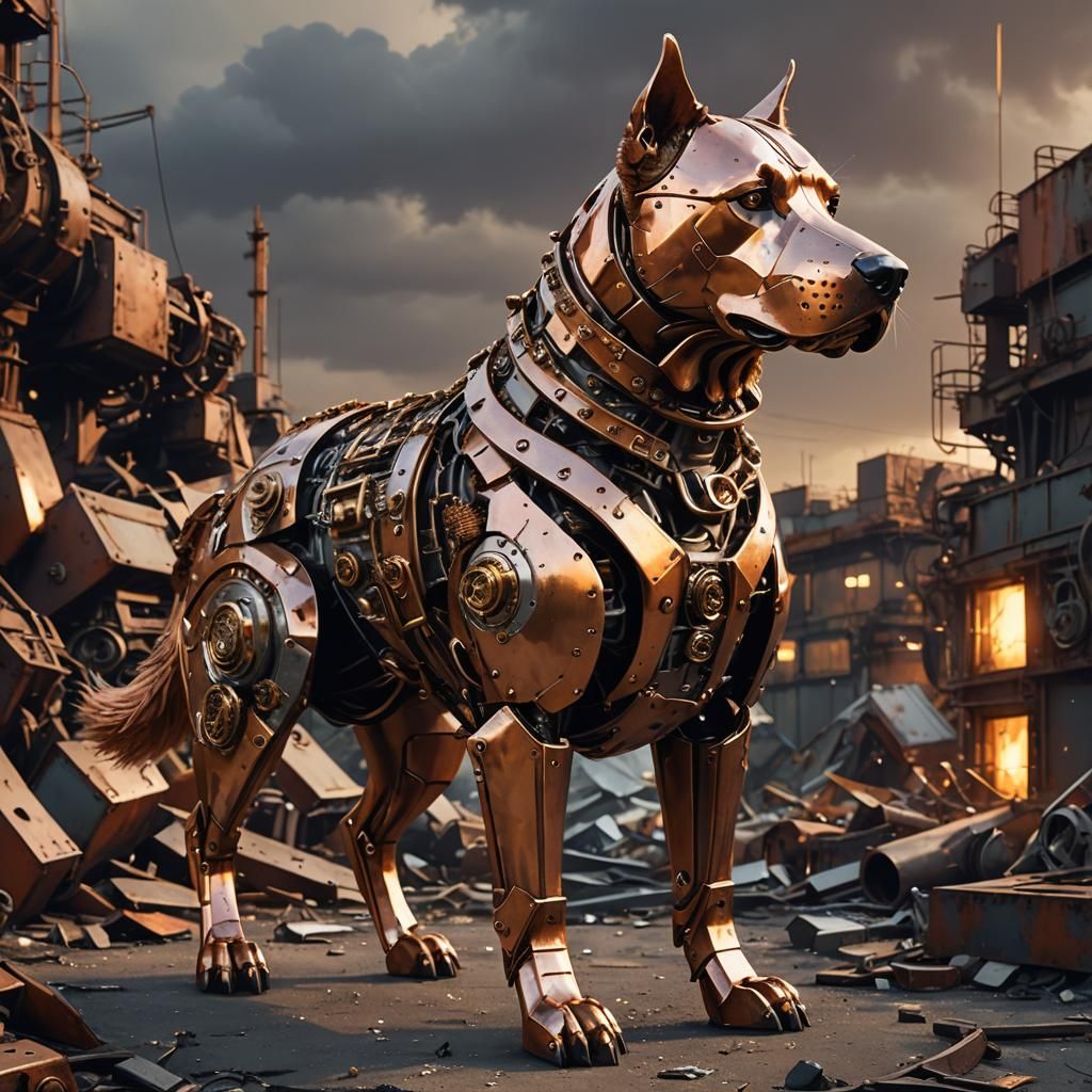 Steampunk Copper Dog in Dimly Lit Scrapyard