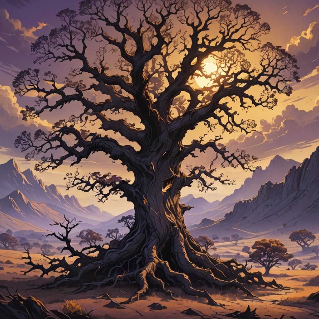 Oak Tree on Deserted Plain: Dark Fantasy Art