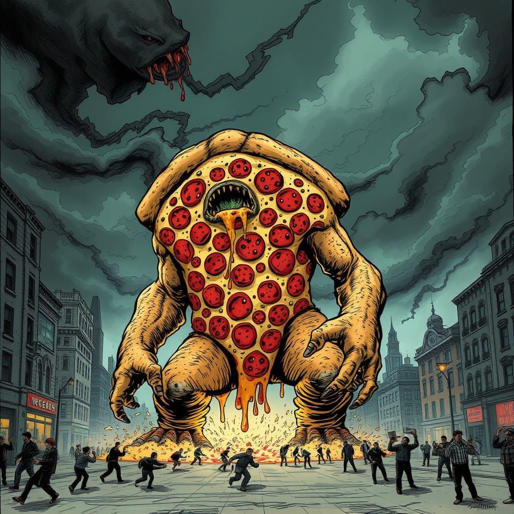 Pizza Golem Lumbering Through City in Dark Fantasy Comic Boo...