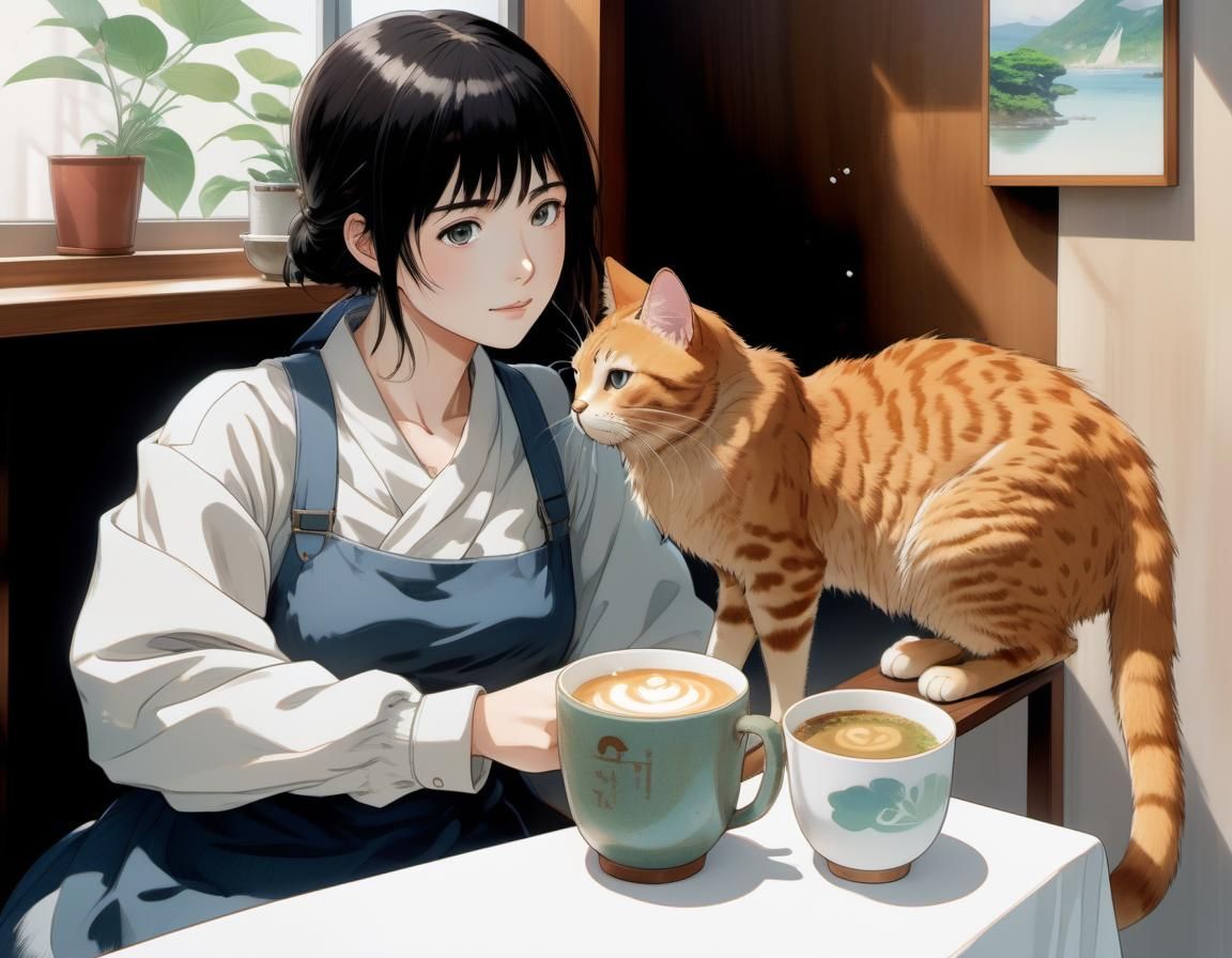 Anime Girl at Cat Cafe in Studio Ghibli Style