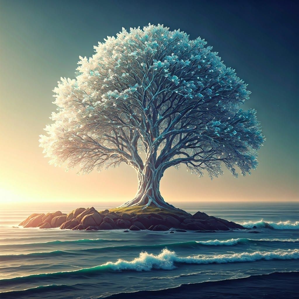 Majestic Diamond Tree Rises from Ocean Surf in Ethereal Land...