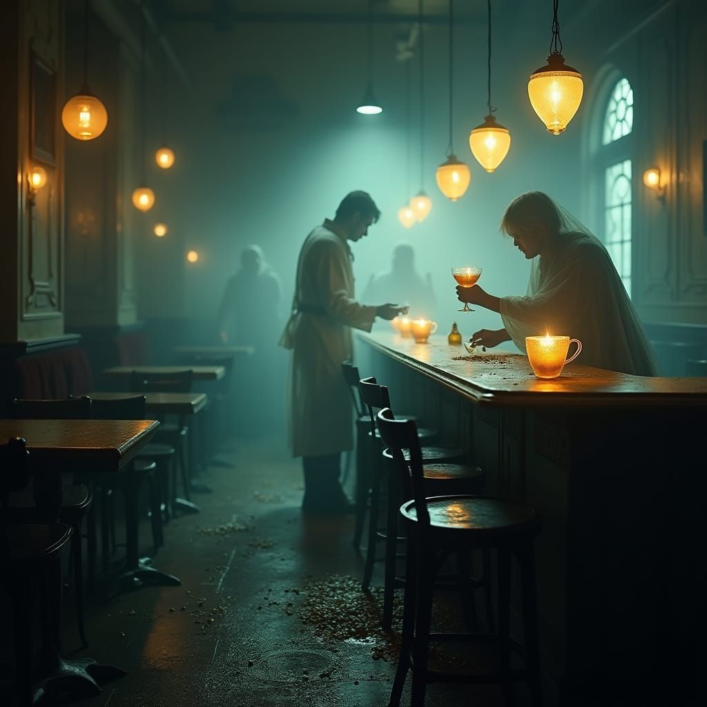 Ghostly Jazz Club with Spectral Patrons and Glowing Coffee