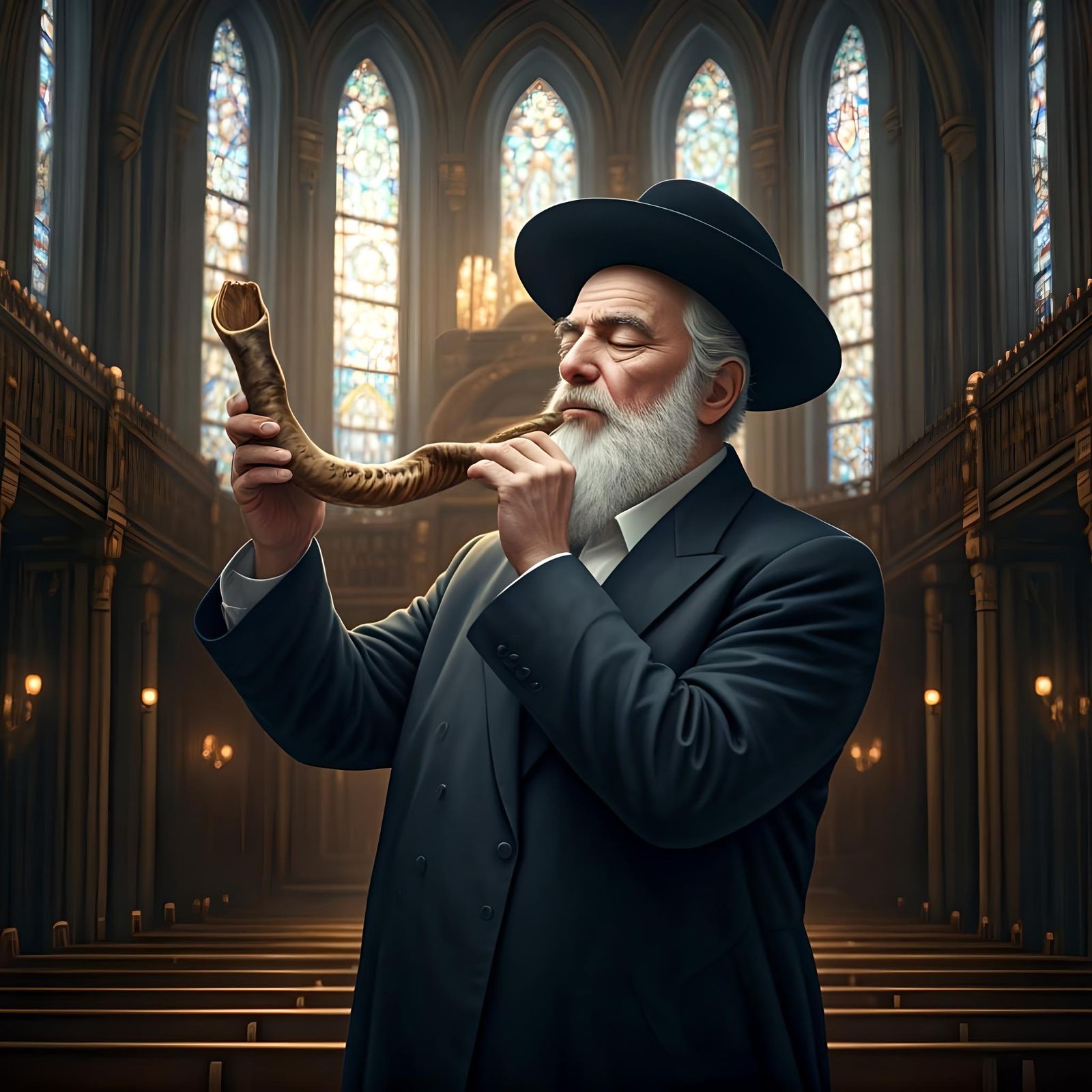 Chasidic Rabbi Blowing Shofar: 3D Anime Art