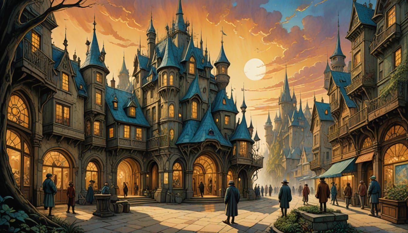 Young Man Stands Amidst Whimsical Town Square in Dreamlike W...