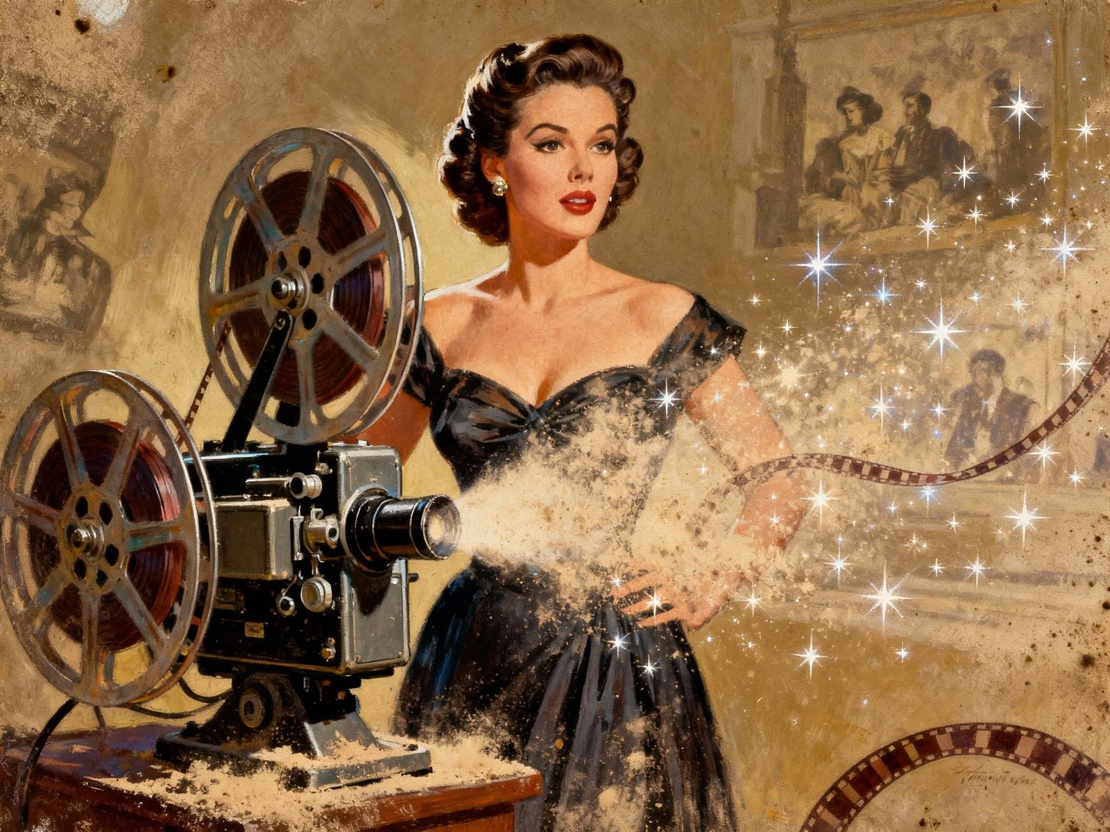 1950s Retro Movie Poster: Glamorous Woman & Film Projector