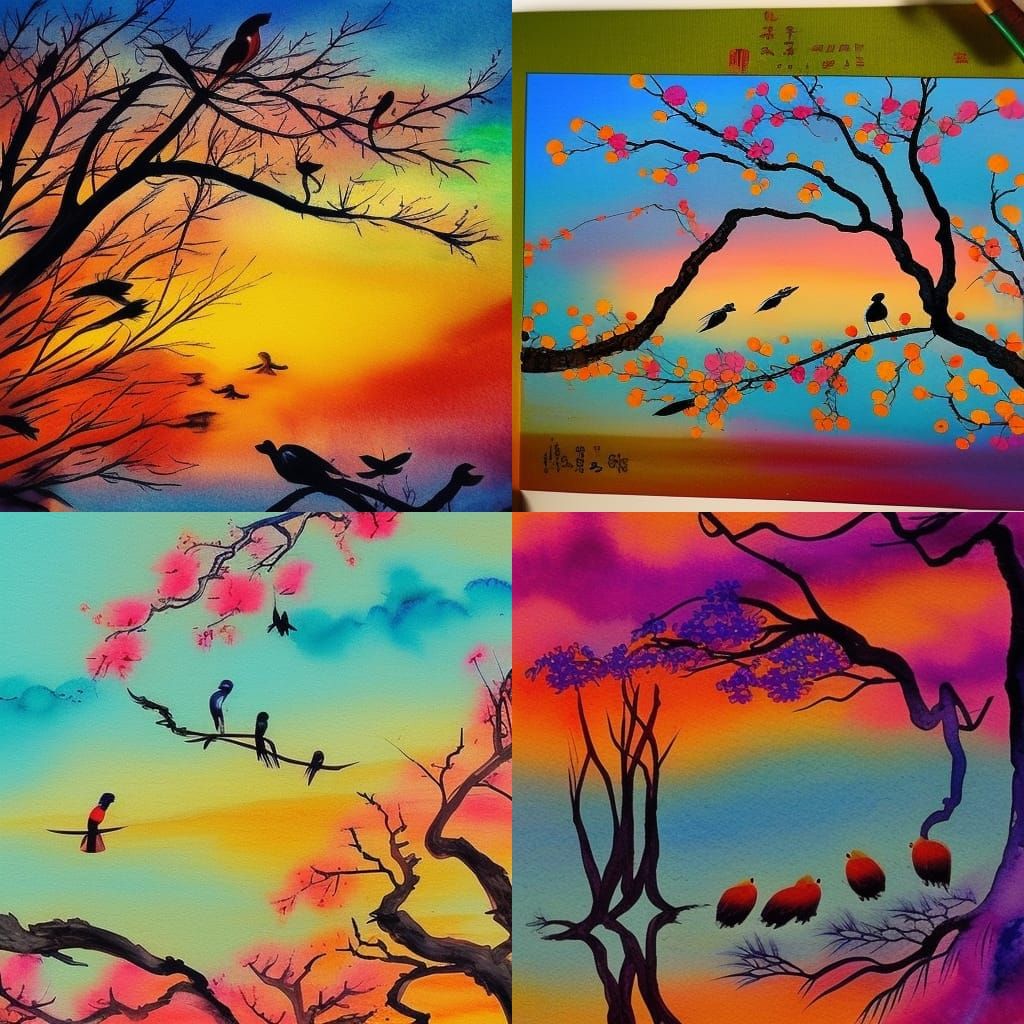 Birds at Sunset: Whimsical Gongbi-Style Painting