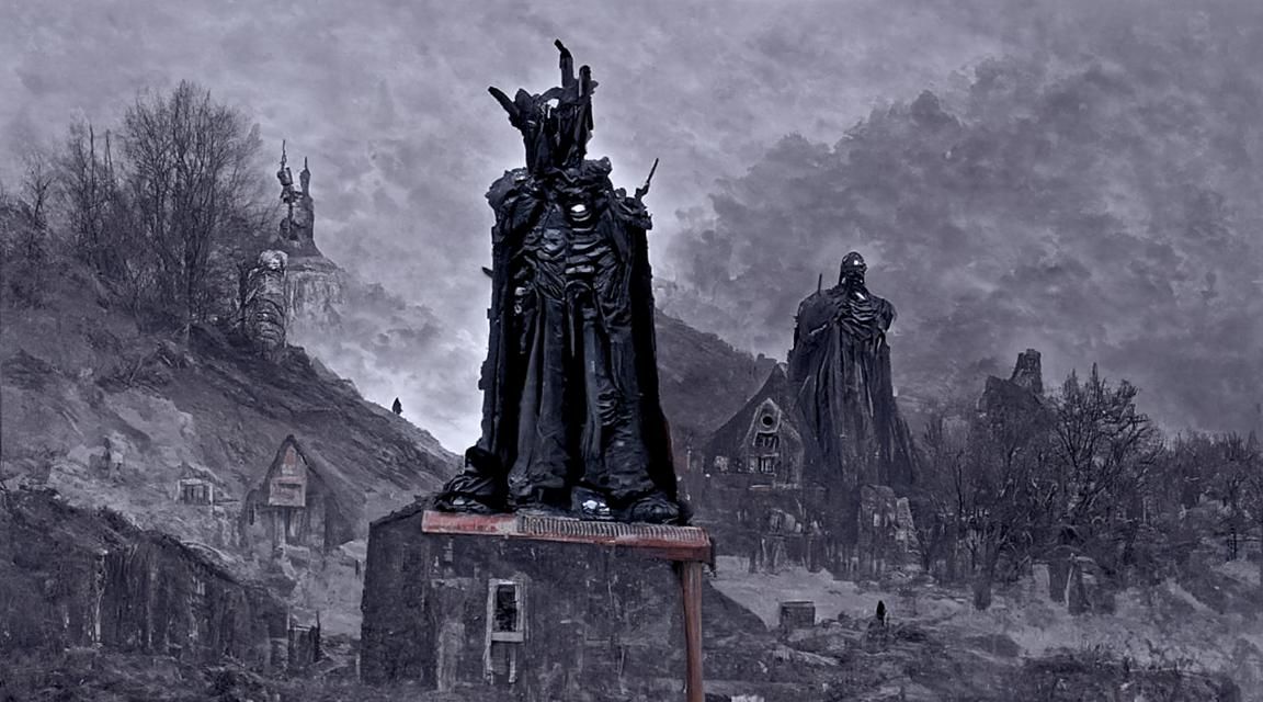 Dark Lord Statue in Village Center: Horror Matte Painting