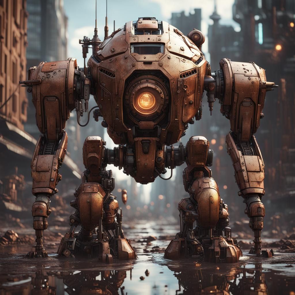 Steampunk Mech Suit in Rusted Futuristic Cityscape