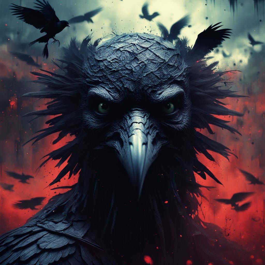 Surreal Face Dissolving into Ravens, Beksiński-Inspired