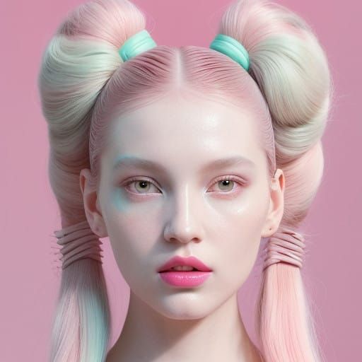 Runway Vogue Model with Pastel Pigtails in Candycore Style