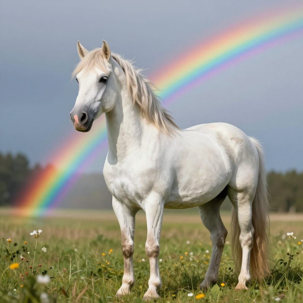 Photorealistic Unicorn in Meadow with Rainbow