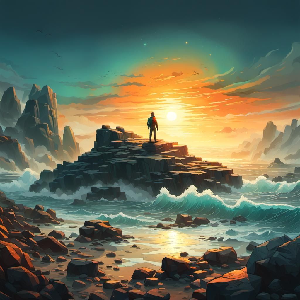 Penguin on Rocky Shoreline in Golden Light