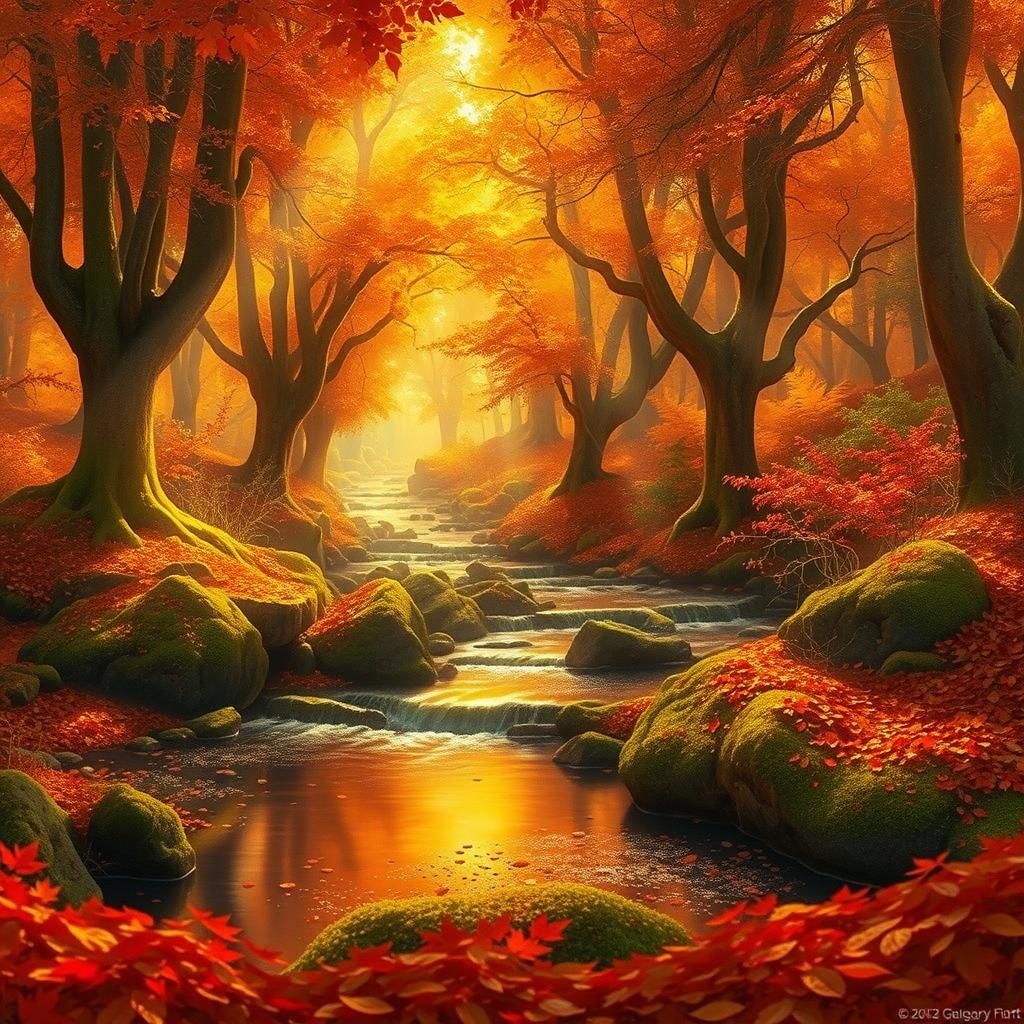 A magical forest where the trees are adorned with vibrant orange, yellow, and red leaves.
