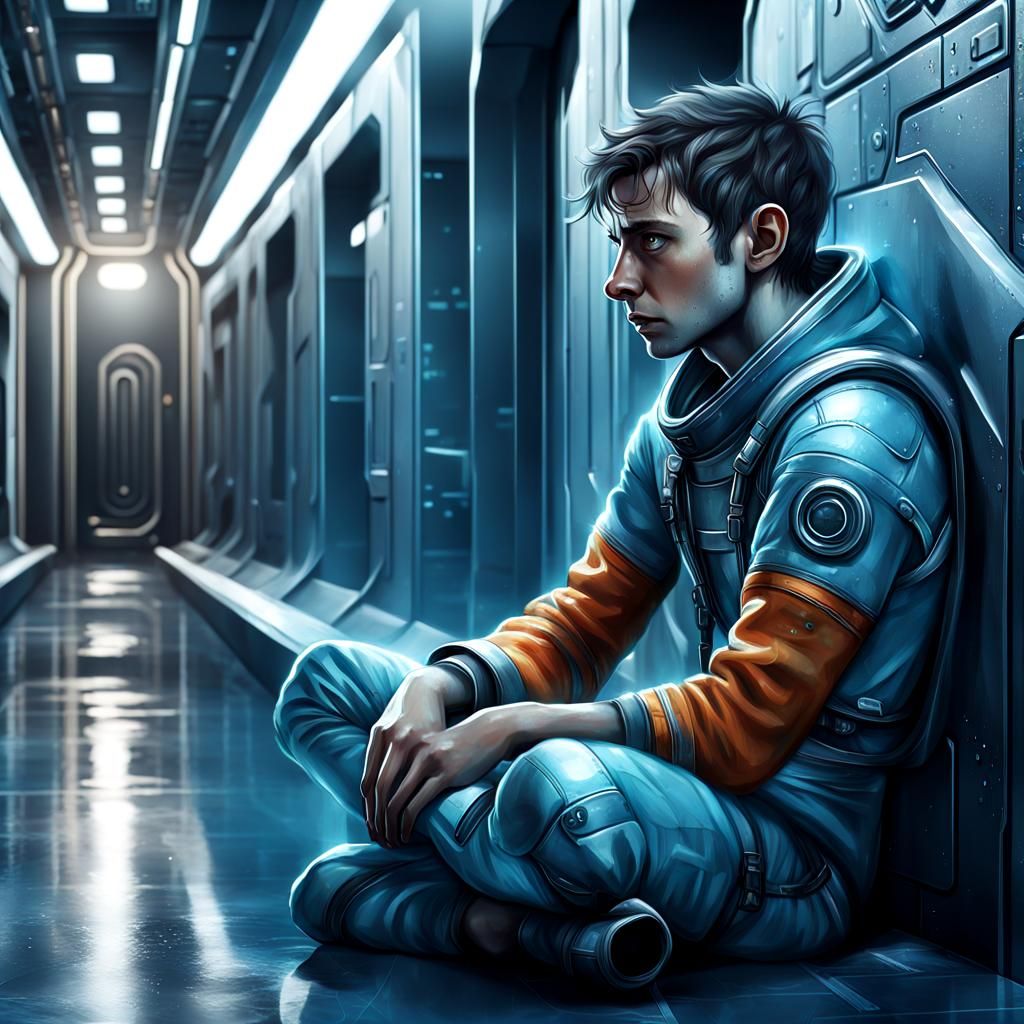 Melancholy Sci-Fi Boy in Spaceship Corridor