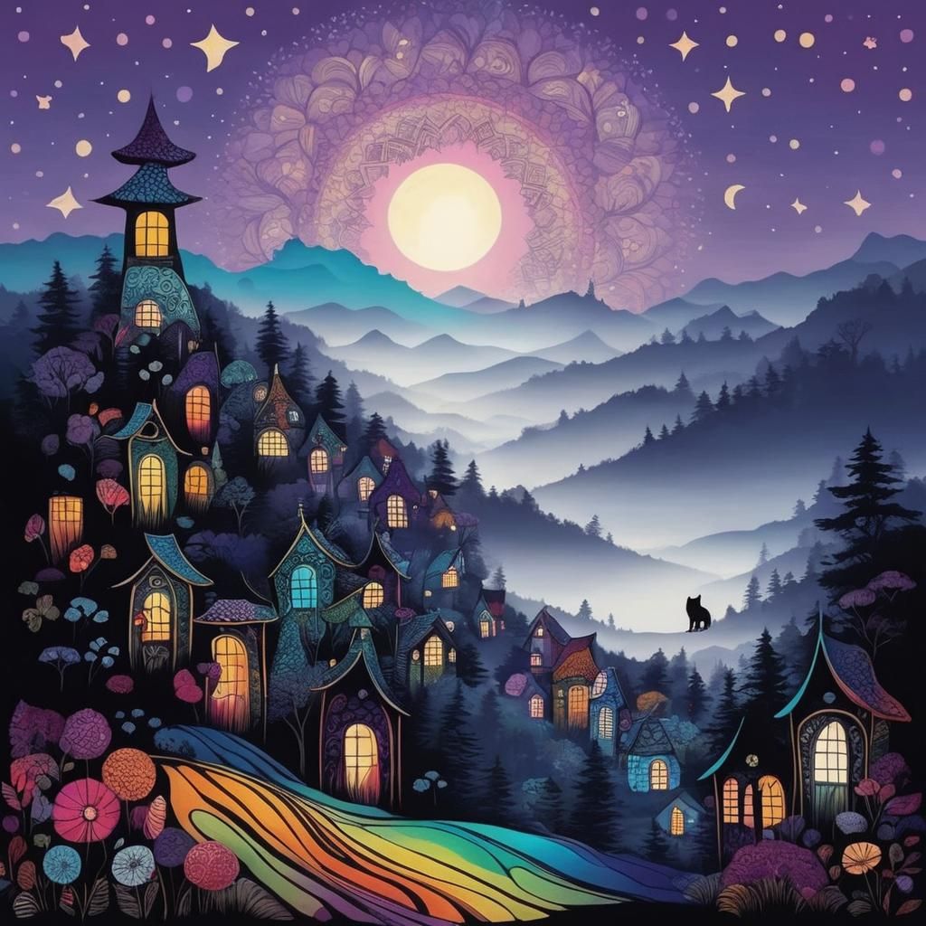 Enchanting Village Scene on a Hill