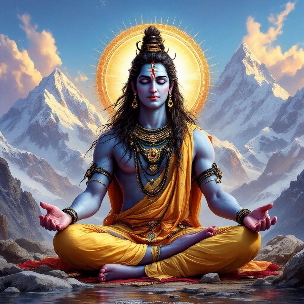 Lord Shiva in Yoga Mudra, Hyperrealistic Splash Art