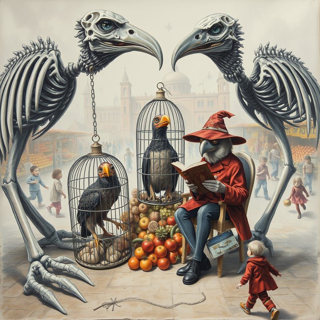 Surreal Landscape with Giant Birds and Fruity Market