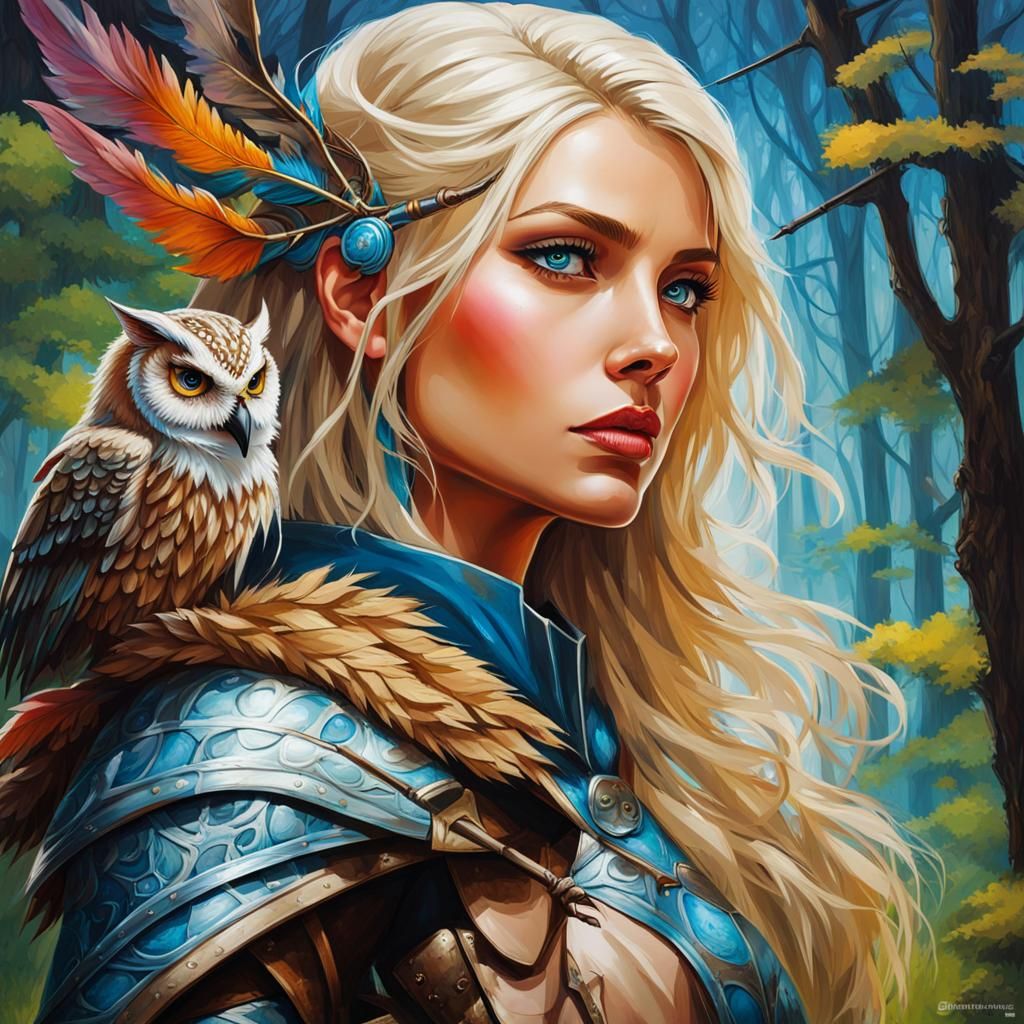 Blonde Elf Archer in Forest, Graffiti Art Style
