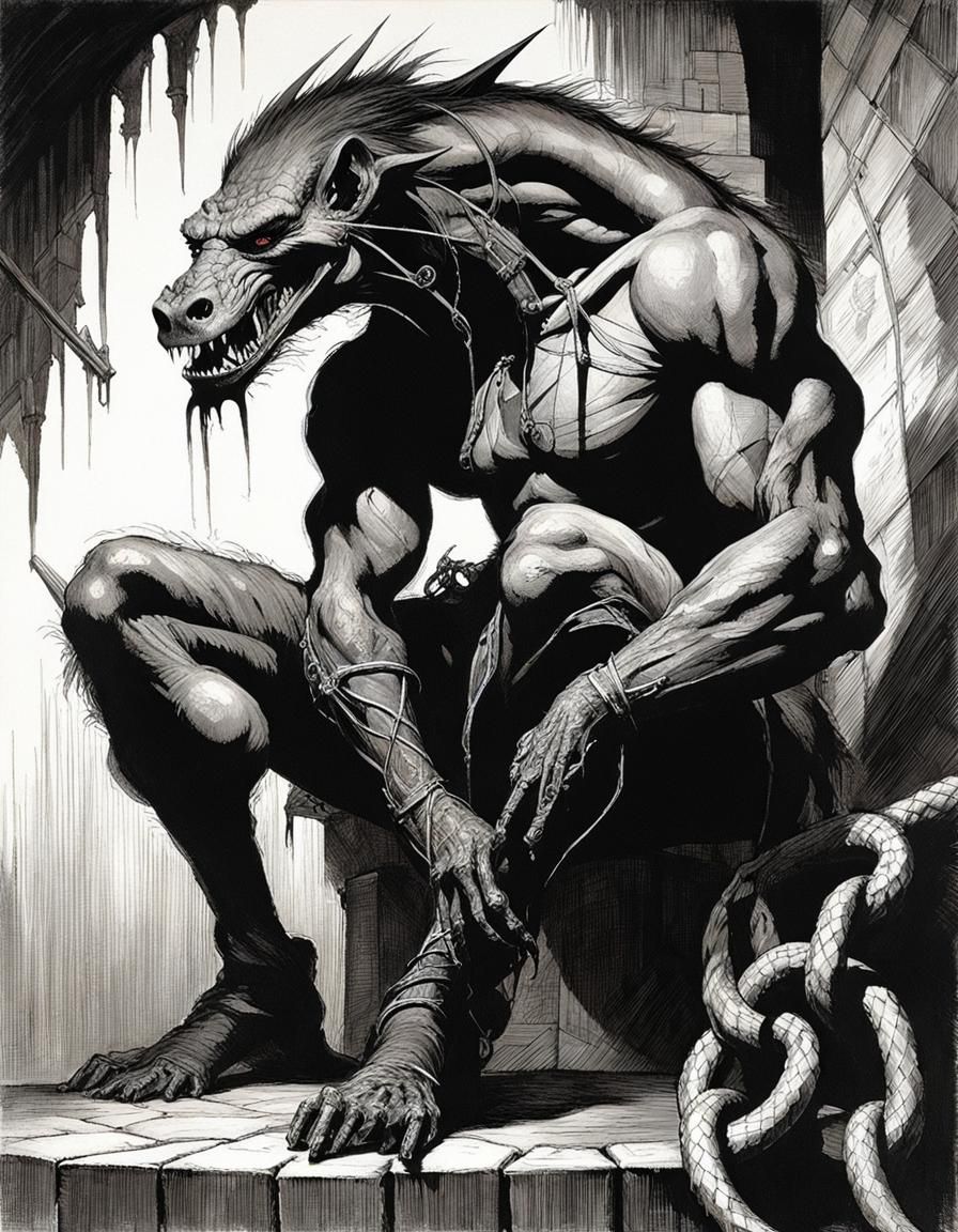 Grotesque Hybrid Beast in Dank Dungeon, Macabre Portrait