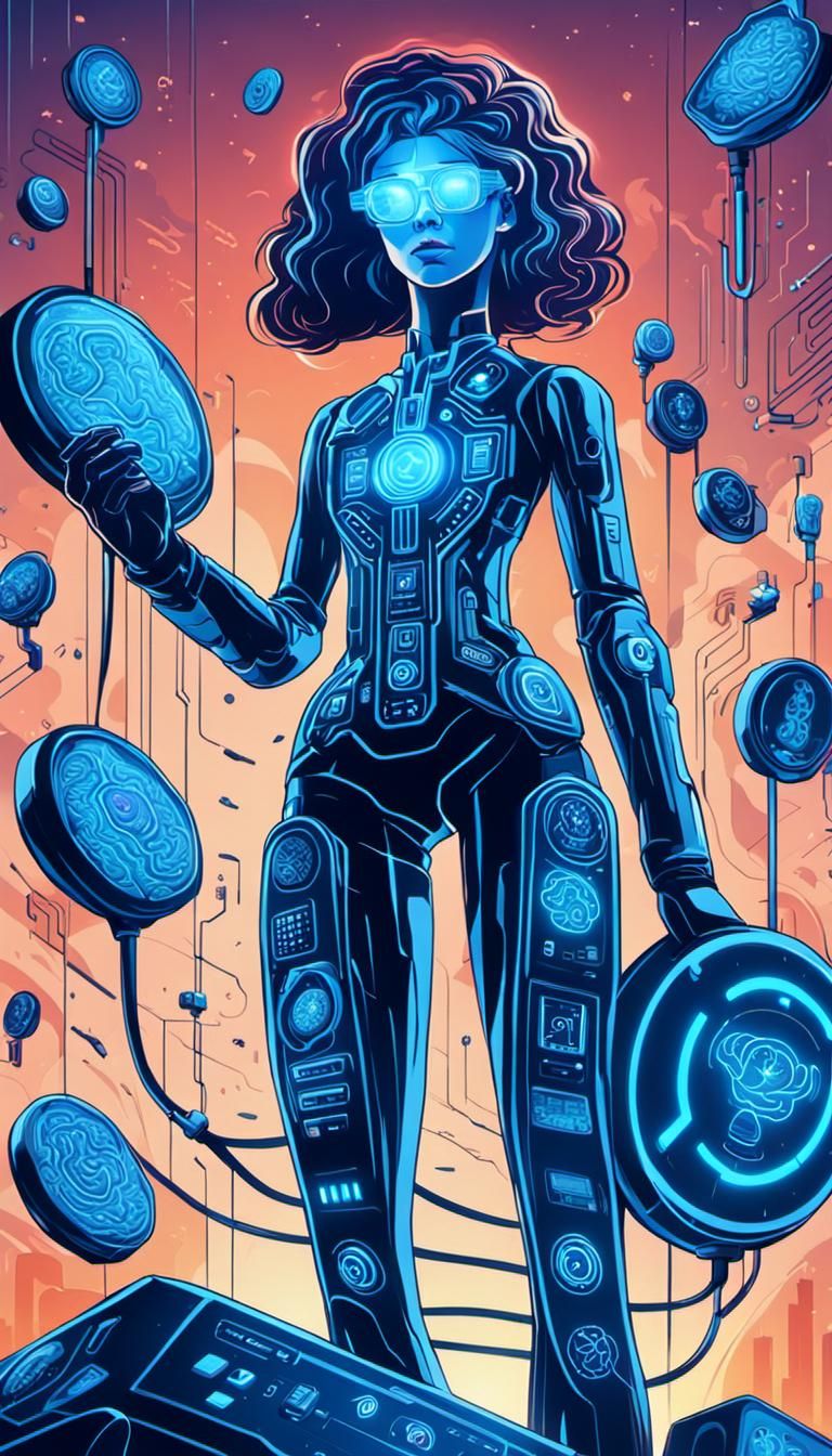 Woman Securing Neural Remote Control in Digital Art Style