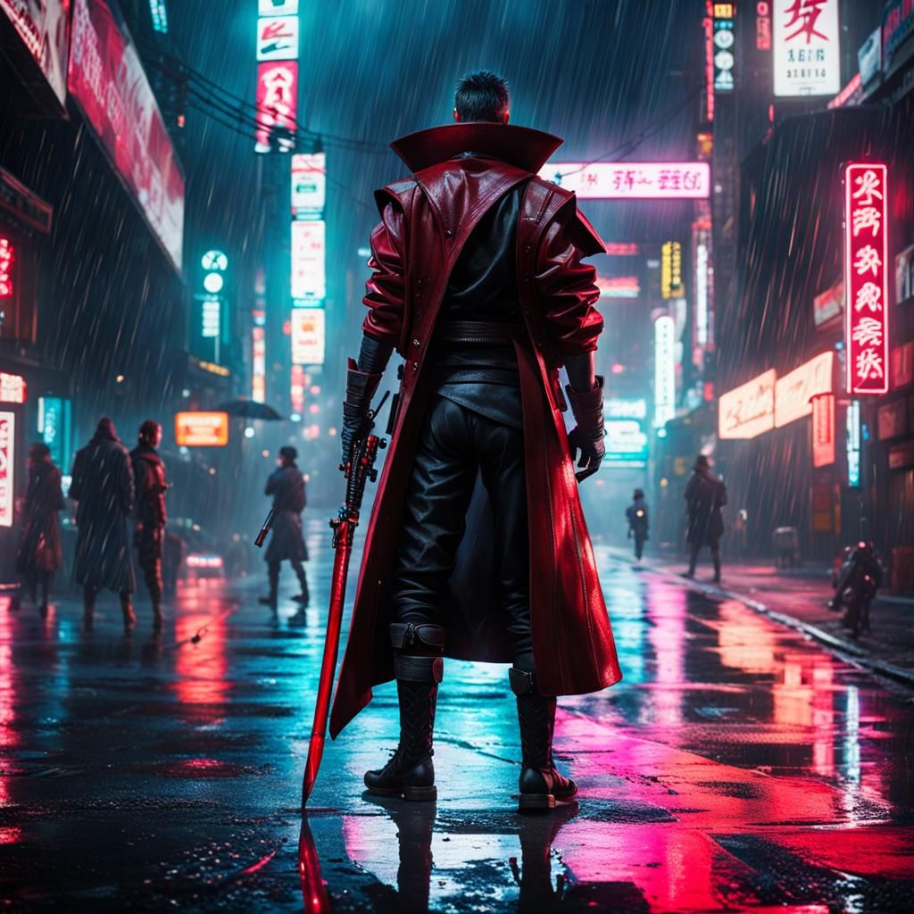 Street Samurai with Katana in Cyberpunk Style