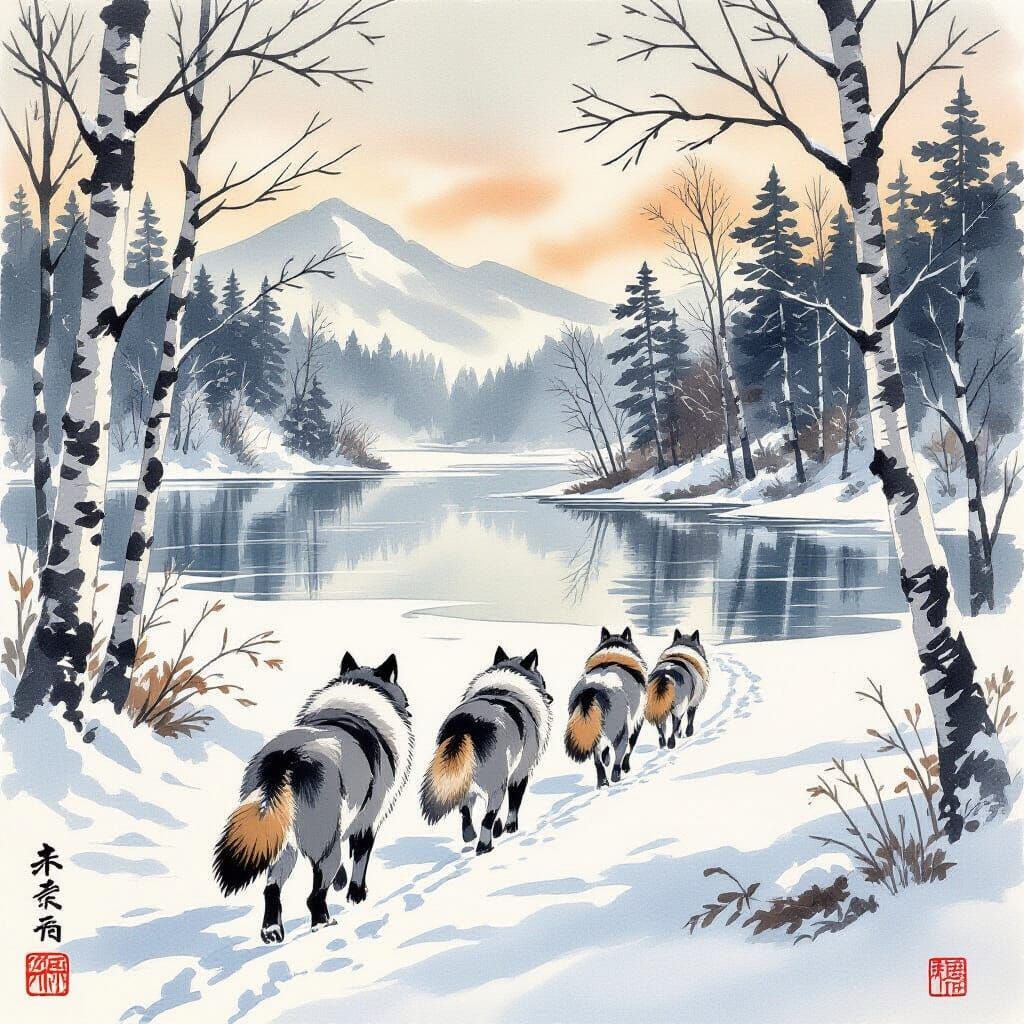 Wolves Trekking to Frozen Lake in Japanese Style