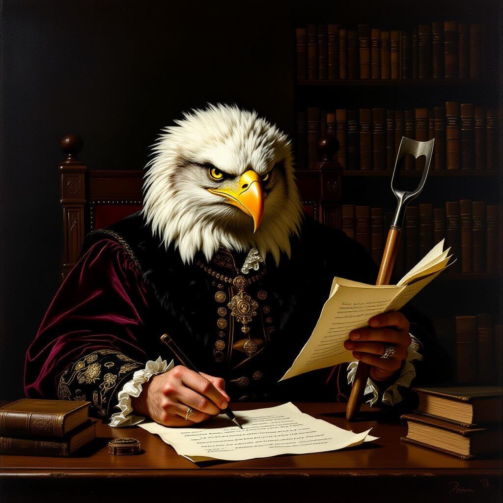 Mythical Man with Eagle Beak and Lion Paw Writes Letter