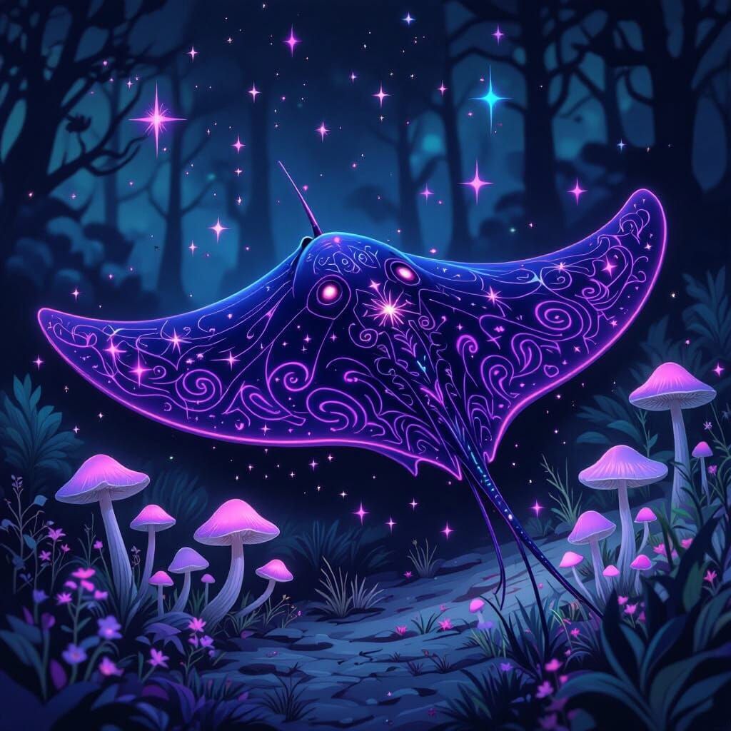 Gothic Sting Ray with Stars in Neon Darkness