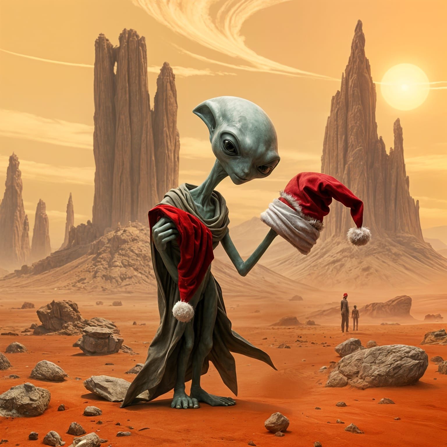 Slender Alien Ponders Santa Hat in Mars Landscape