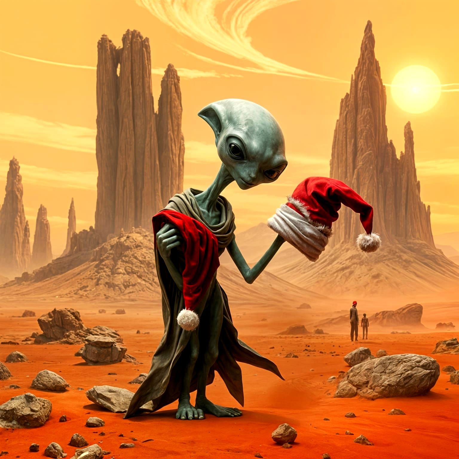 Slender Alien Ponders Santa Hat in Mars Landscape