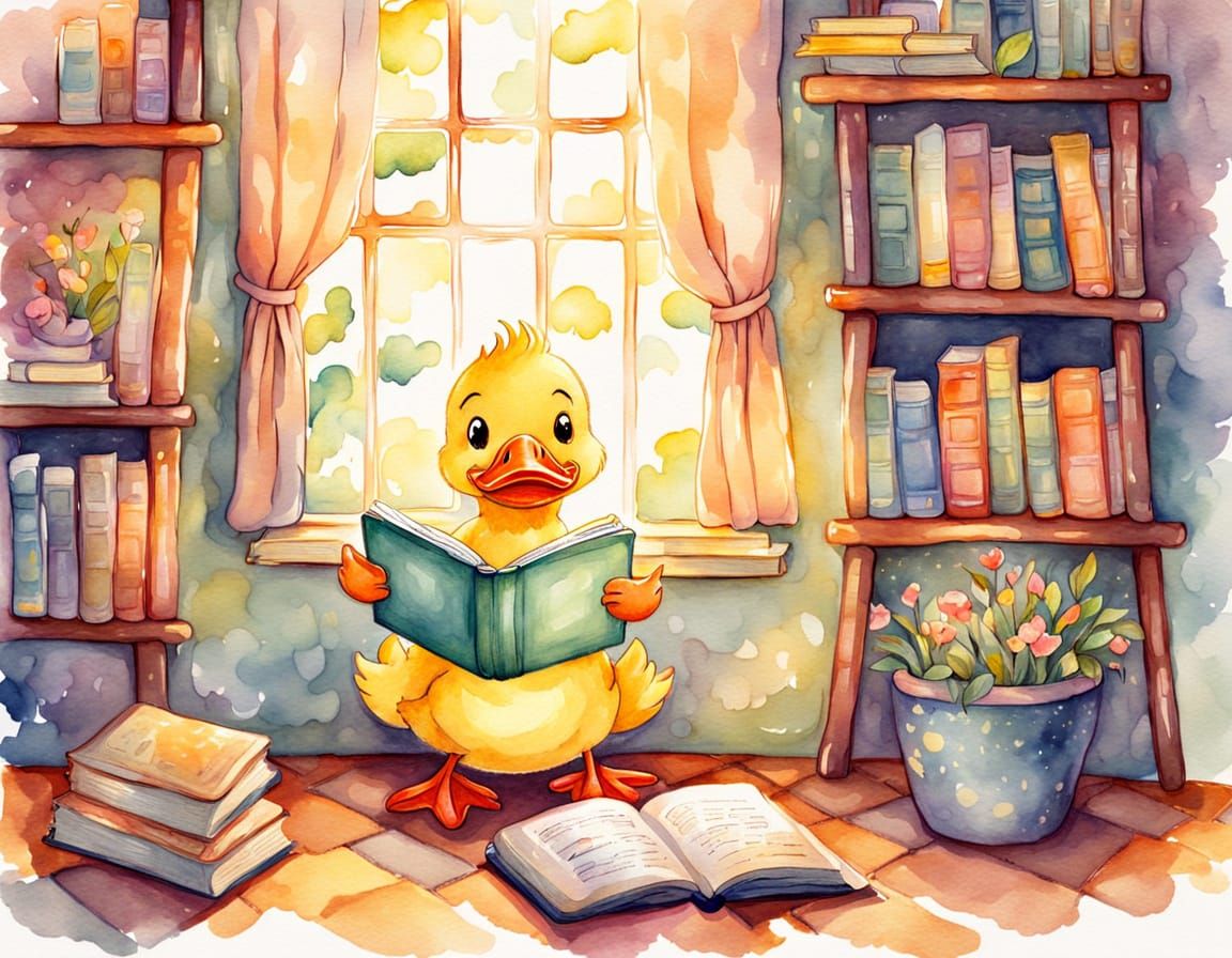 Duckling's Cozy Reading Nook in Watercolor Style
