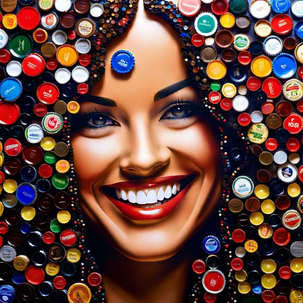 Bottle Cap Mosaic Portrait of Smiling Woman