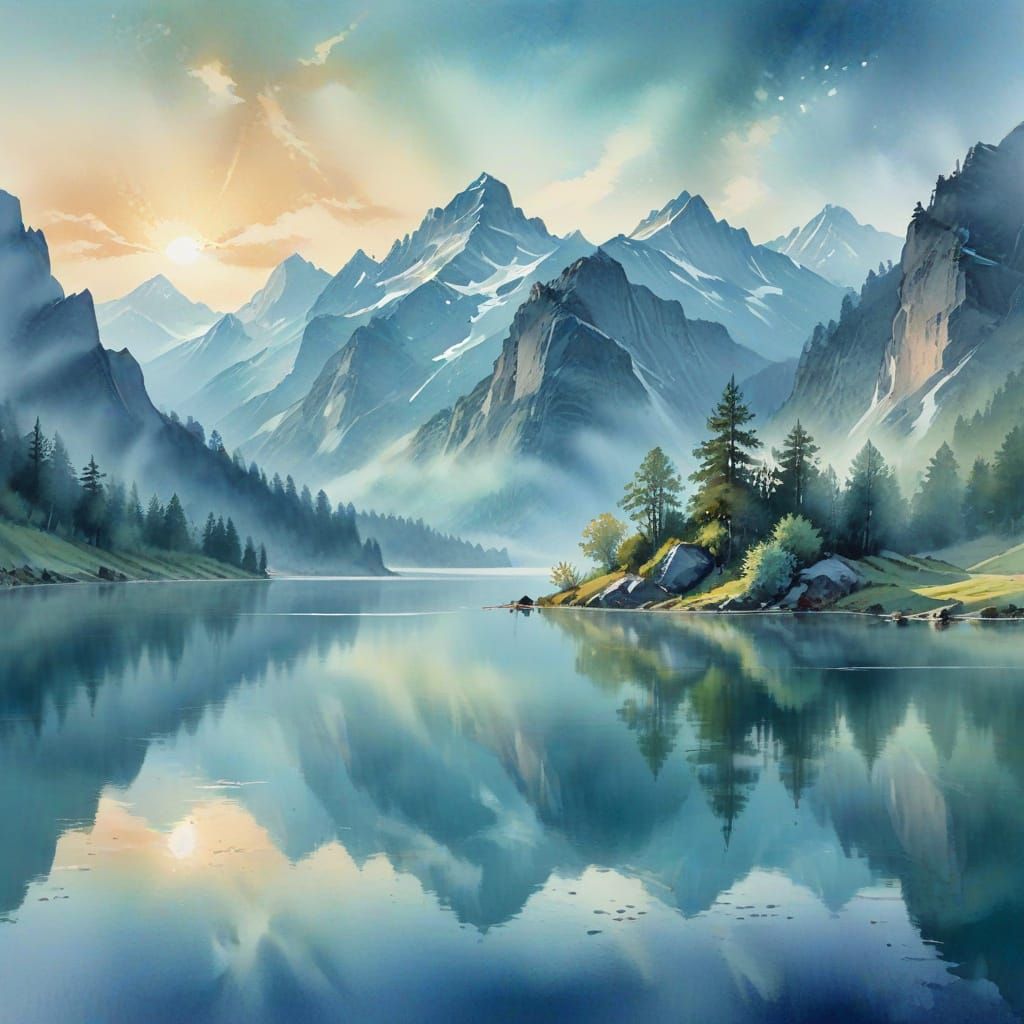 Dreamy Watercolor Landscape at Dawn