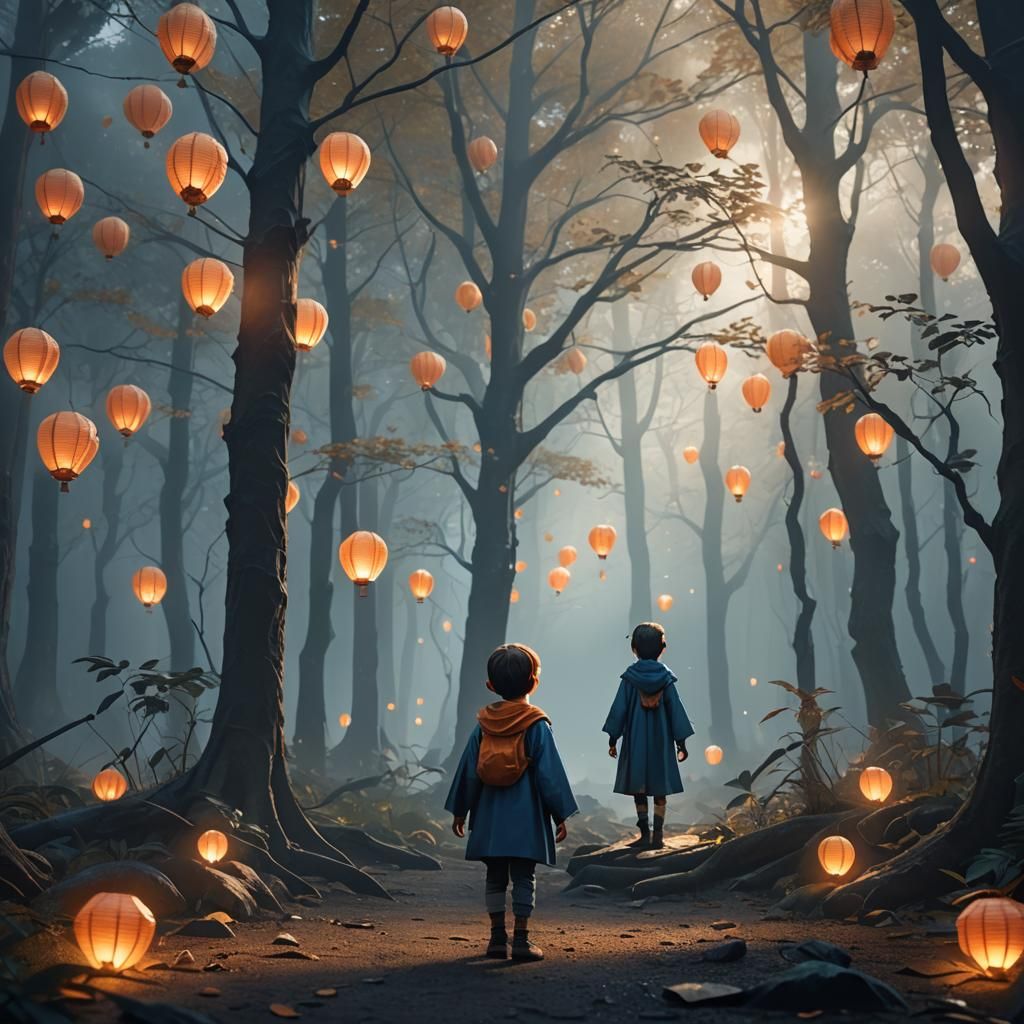 Origami Child in Misty Forest: Digital Matte Painting