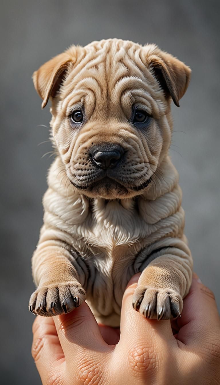 Tiny Shar Pei Puppy on Finger: Hyper-Realistic 8K Photo