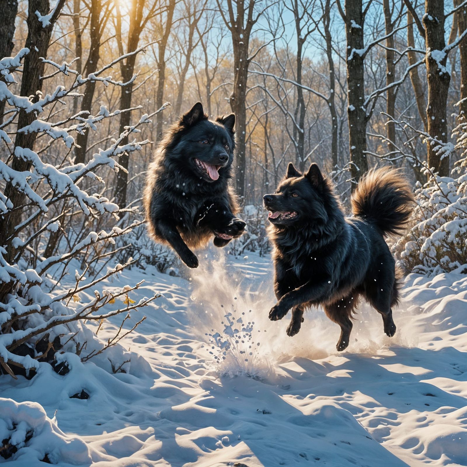 Black Spitz Dog Hunting Snowball in Winter Garden