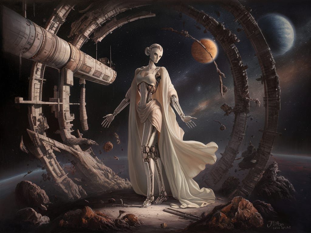 Android Woman in Space Station Oil Painting