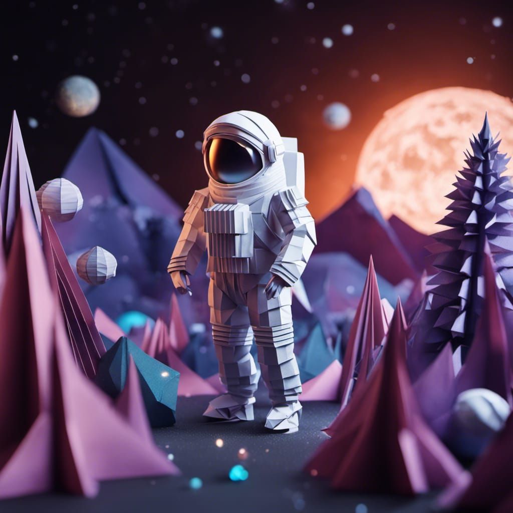 Origami Lunar Landscape with Cosmonaut in 3D Digital Art