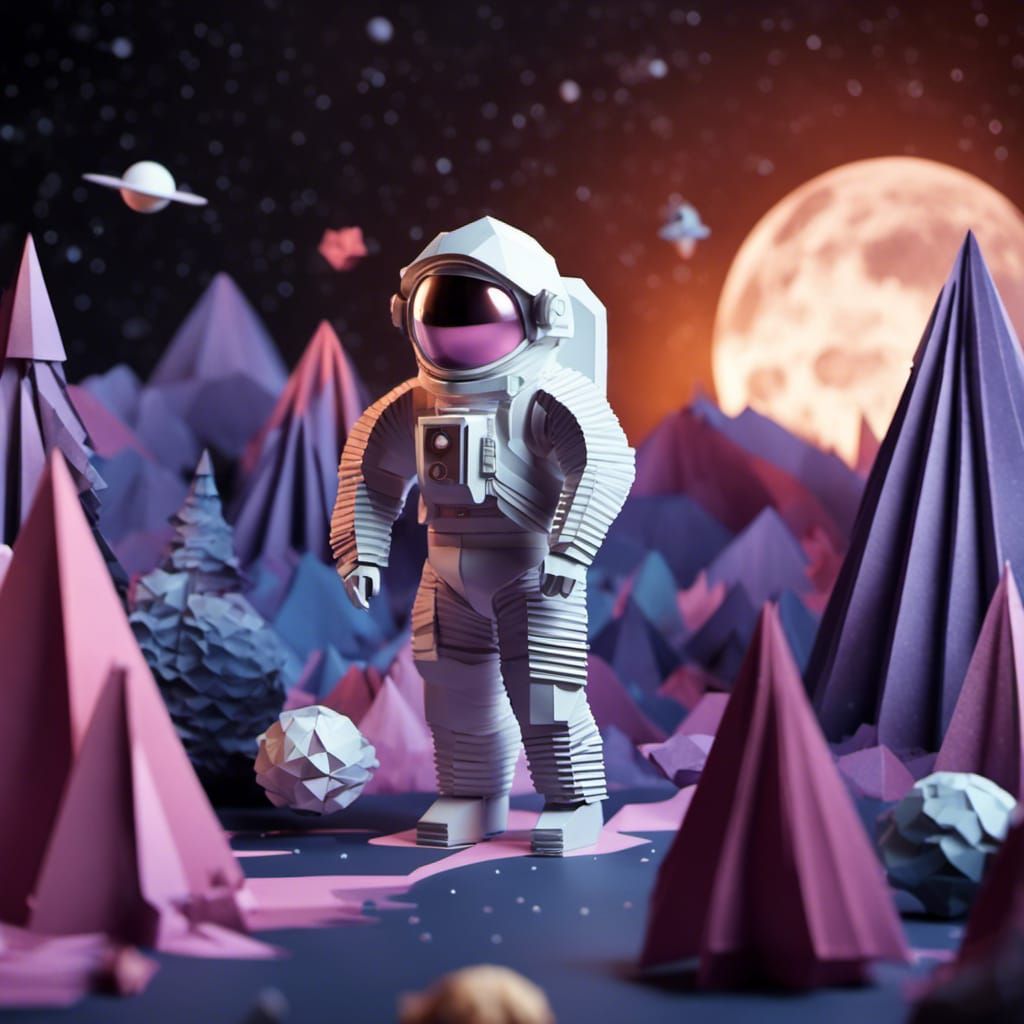 Origami Lunar Landscape with Cosmonaut in 3D