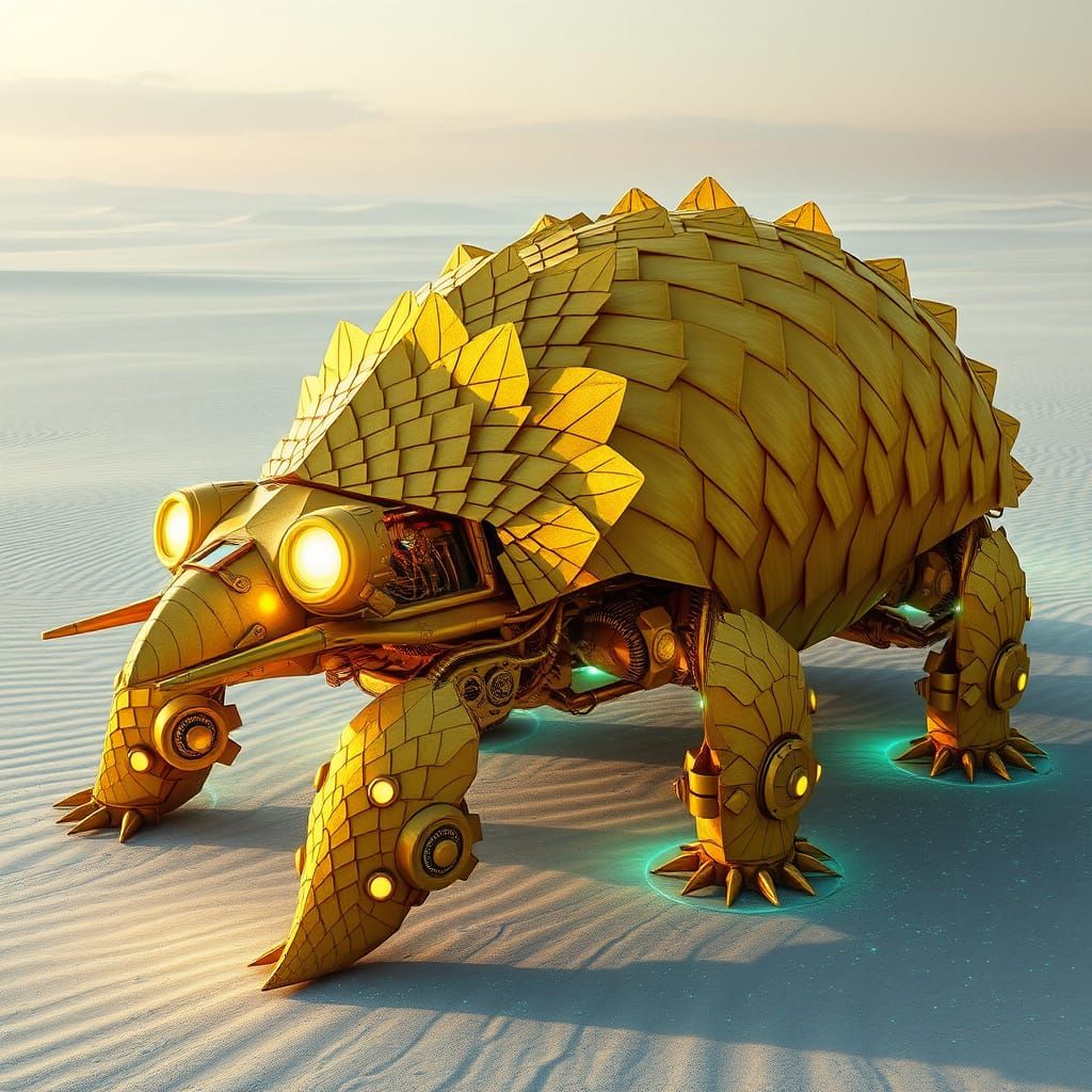Golden Armadillo Vehicle in Steampunk Desert Landscape