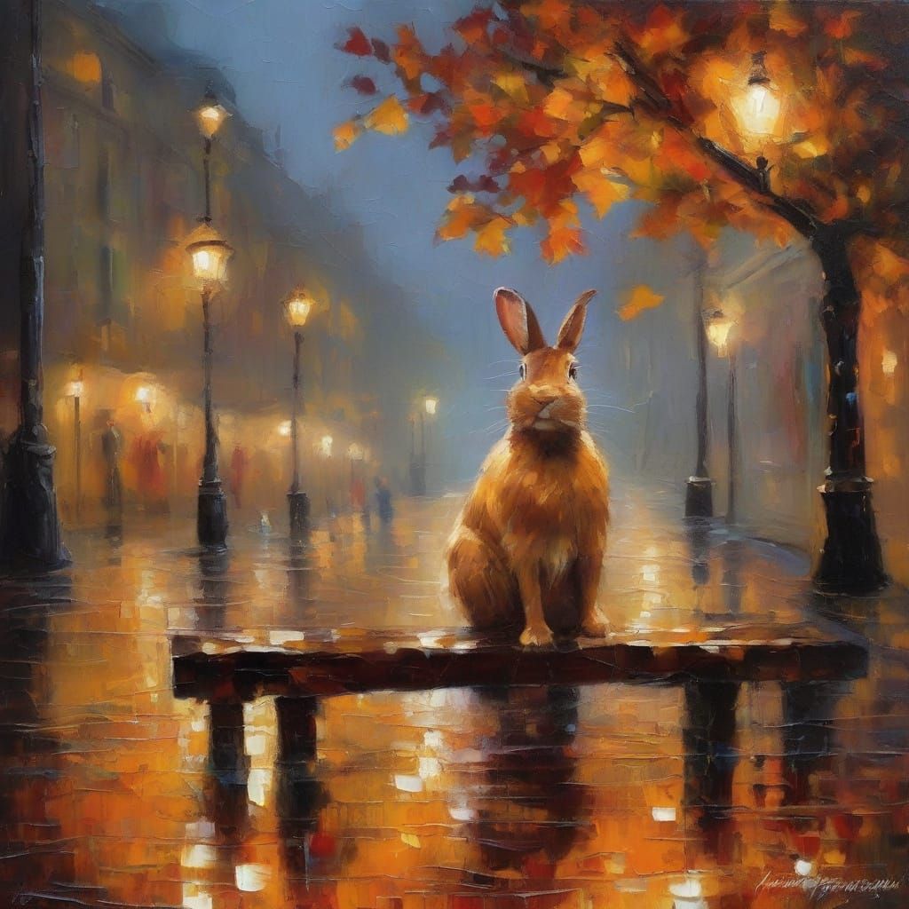 Whimsical Autumn Night: Rabbit and Baumeister in a Rainy Lan...