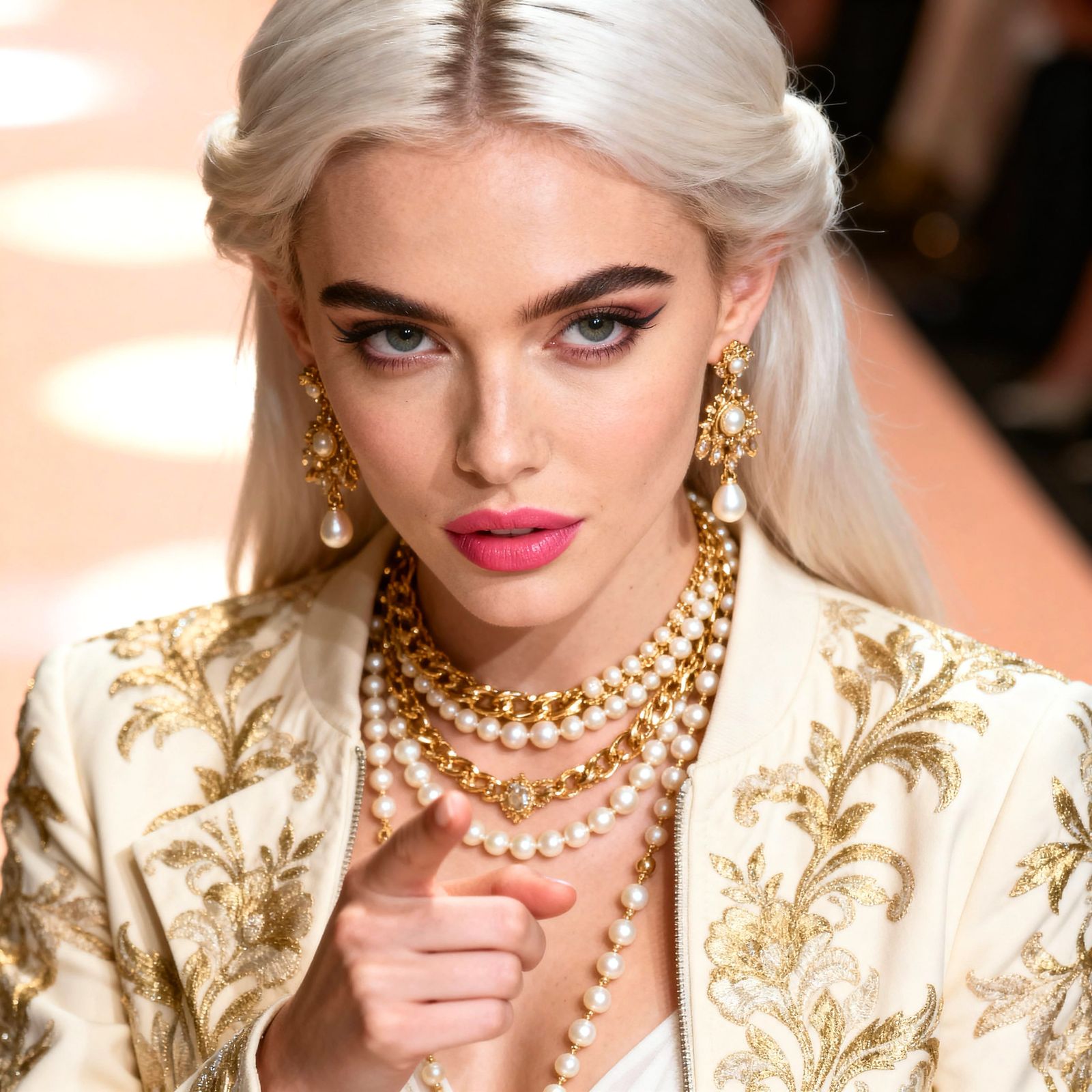 Elegant Woman with Platinum Blonde Hair and Gold Jewelry