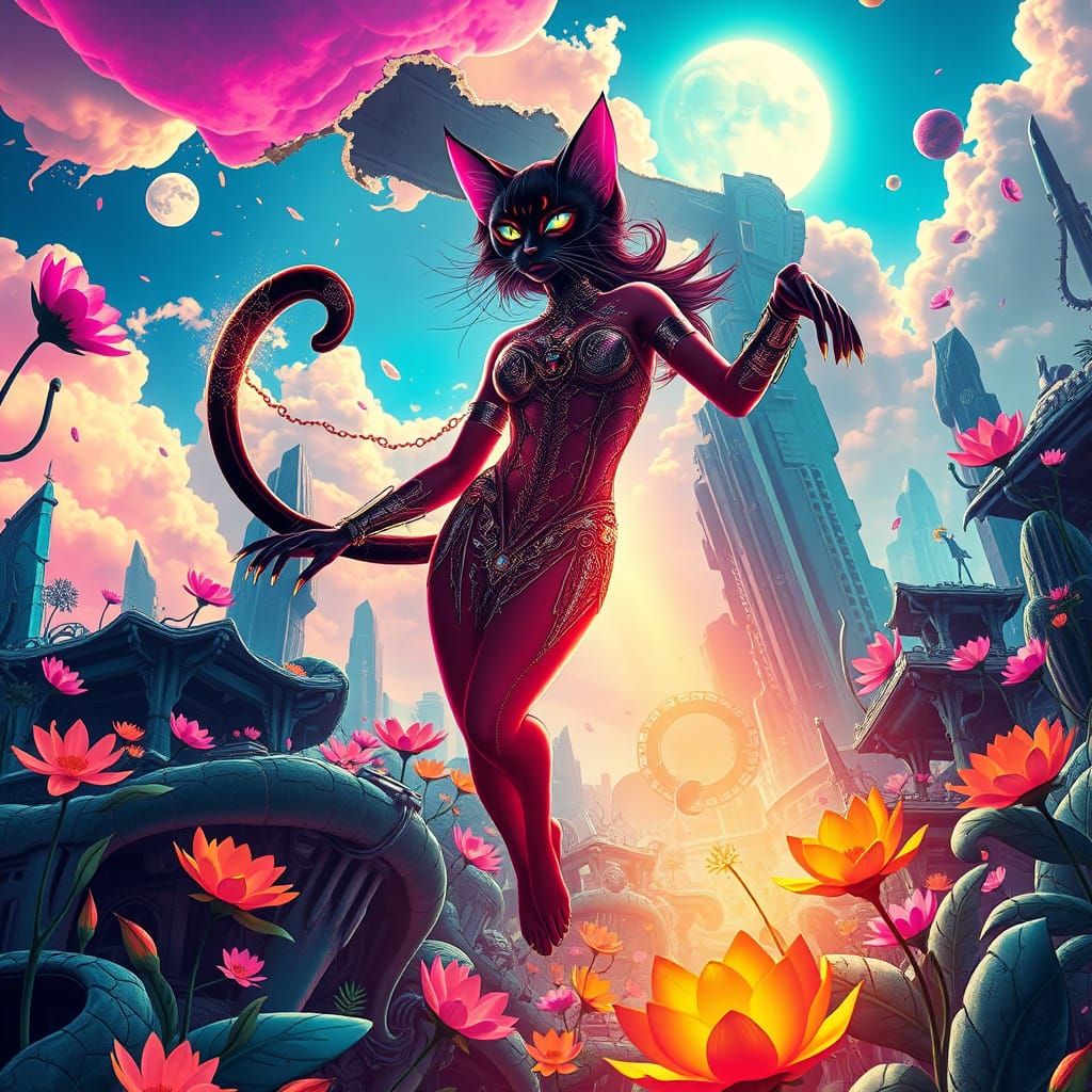 Divine Cat Goddess Ascending in Neon Jungle Dreamscape