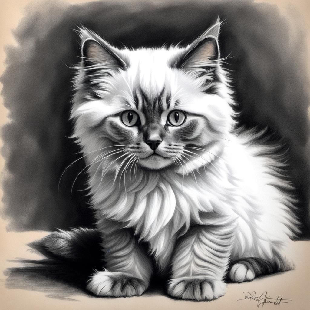 A charcoal drawing of a Ragdoll cat